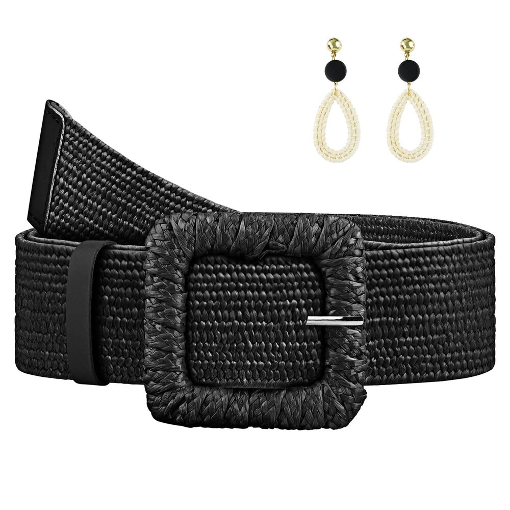 2983 Straw Woven Elastic Belt For Women, Boho Braided Raffia Waist